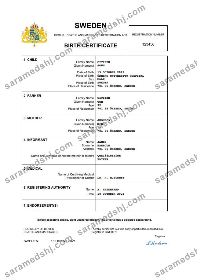 Sweden birth certificate Word and PDF template, completely editable